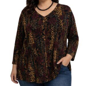 Sarah Bentley 3X Floral Animal Print Knit Tunic V Neck Top